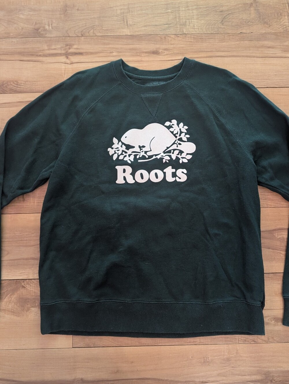 Roots Forest Green Crewneck with White Fuzzy Logo Sz L